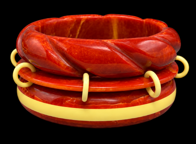 BB539 marbled paprika and custard bakelite bangles, vintage & artisan